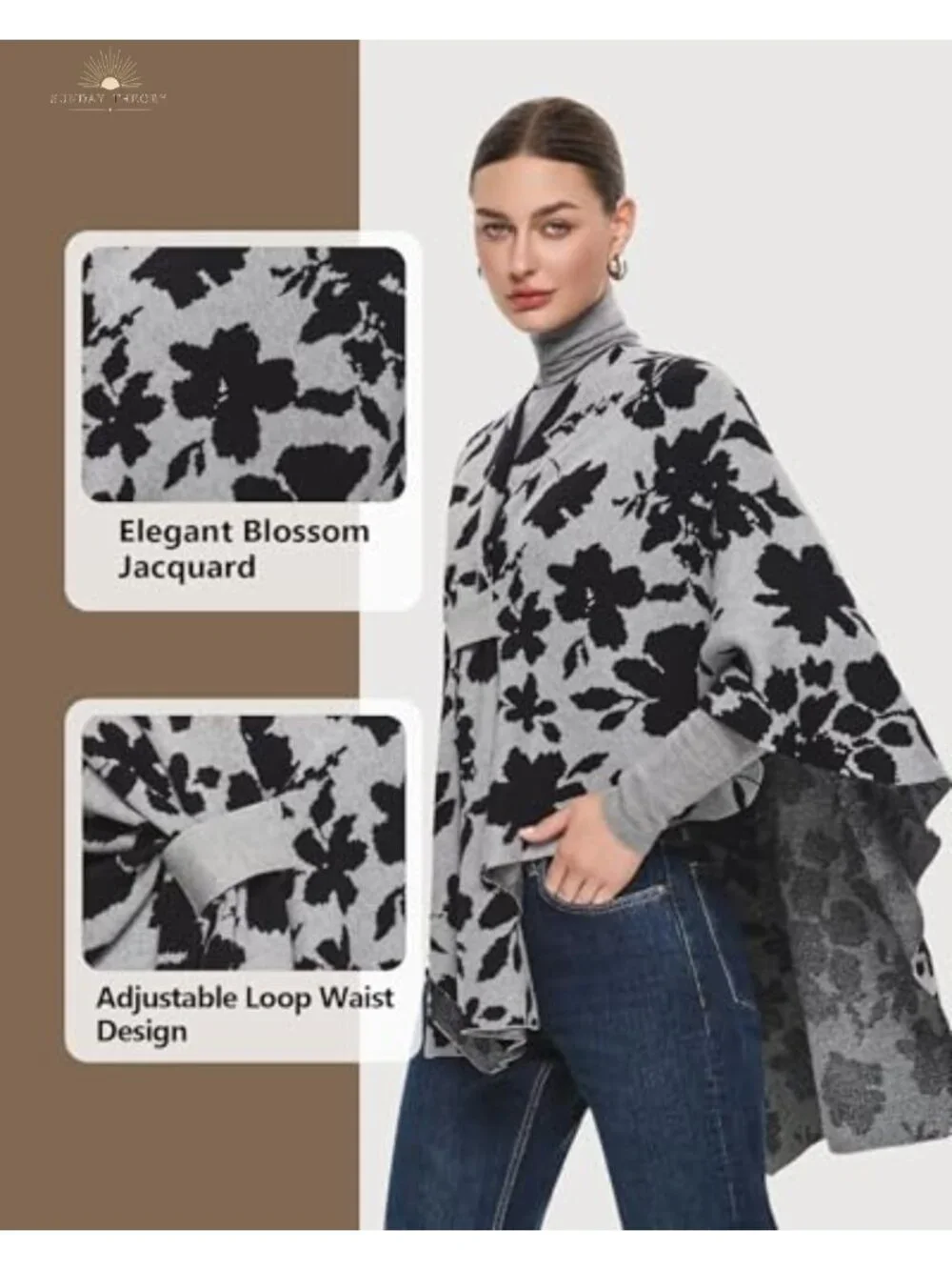 Elegant Shawl Wrap Open Front Poncho Sweater Soft Loop Tab Draped Cover Cardigan